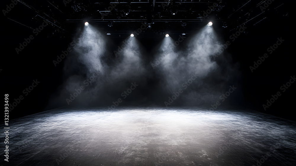 Poster a dimly lit stage with multiple spotlights illuminating a smoke-filled area, creating a dramatic the