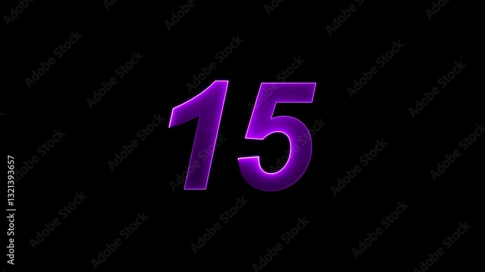 Aufkleber neon number 15 with alpha channel, neon numbers glowing neon text count number animation.