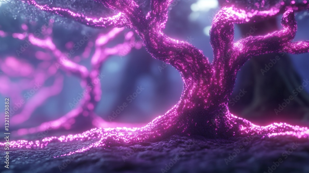 Poster glowing purple particles form a tree in a dark forest, creating a mystical and ethereal atmosphere. 