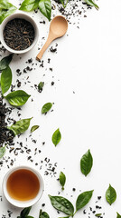 Fresh Green Tea Leaves and Steaming Cup on a Clean White Background