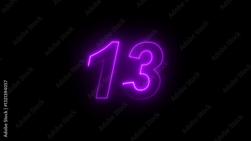 Poster neon number 13 with alpha channel, neon numbers glowing neon text count number animation.