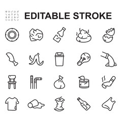 Collection of icons of various types of trash. Made in thin line style. Contains icons such as trash can, plastic trash, waste and more.