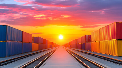 Fototapeta premium A vibrant sunset casts colorful hues over shipping containers lined along railway tracks, creating a striking industrial landscape