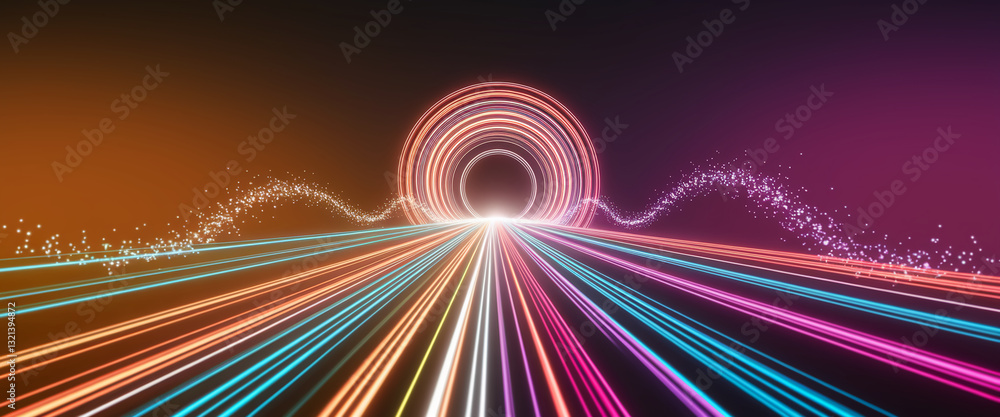 Poster abstract image of glowing lines converging towards a circular portal, surrounded by sparkling partic