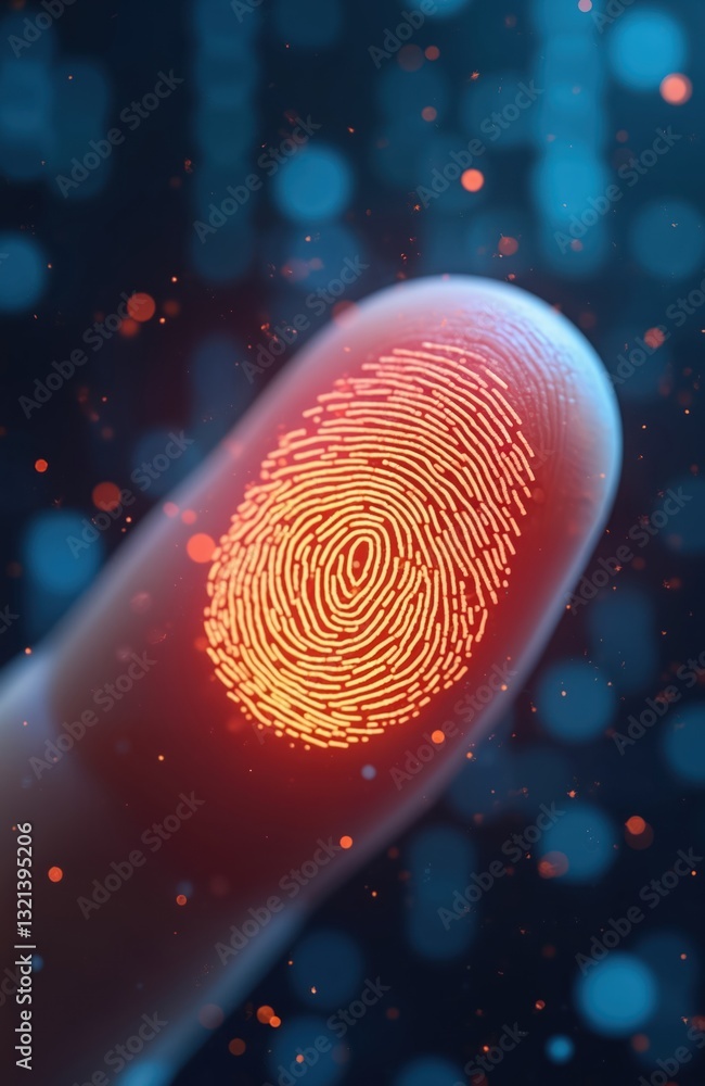 Fototapete Advanced biometric security system with digital glowing fingerprint identification. Futuristic tech interface with datum access authentication, virtual scan. Modern electronic interactive privacy