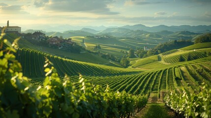 Sunlit Vineyard Hills, Italian Countryside, village in background