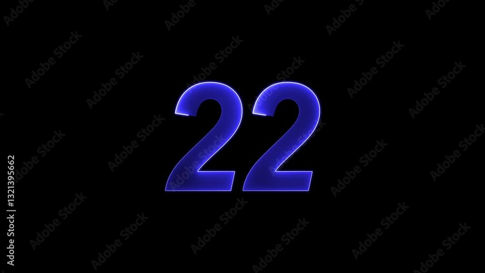 Poster glowing neon blue number 22 with alpha channel countdown icon background 4k animation.22 number text