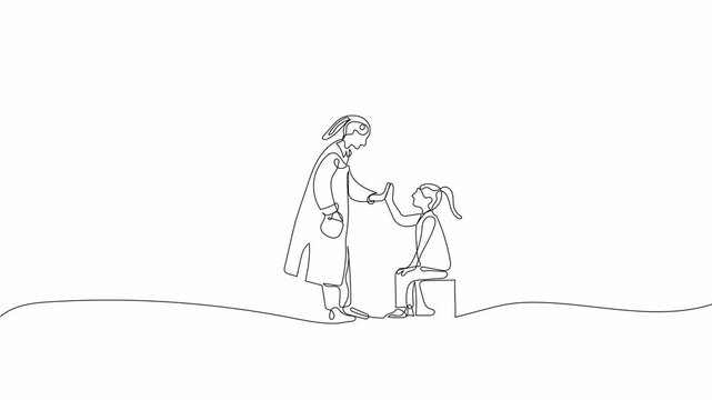 Hand-Drawn One-Line Animation of a Little Girl and a Woman Doctor Sharing a High Five, Minimalist Line Art, Continuous Outline Drawing, Concept of Motivation, Care, and Medical Support.