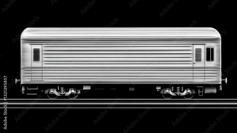 Poster a grayscale image of a single railway carriage on tracks against a black background. the carriage is