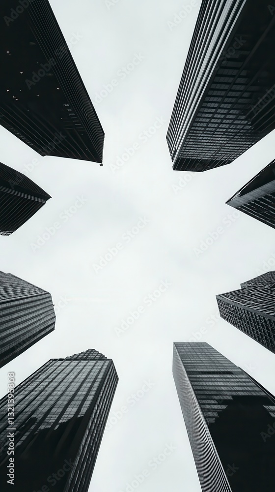 Aufkleber low angle view of skyscrapers in grayscale, creating a radiating pattern against a bright sky. the i