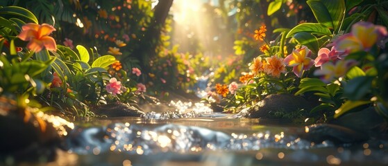 Serene forest stream surrounded by vibrant flowers and sunlight filtering through the trees