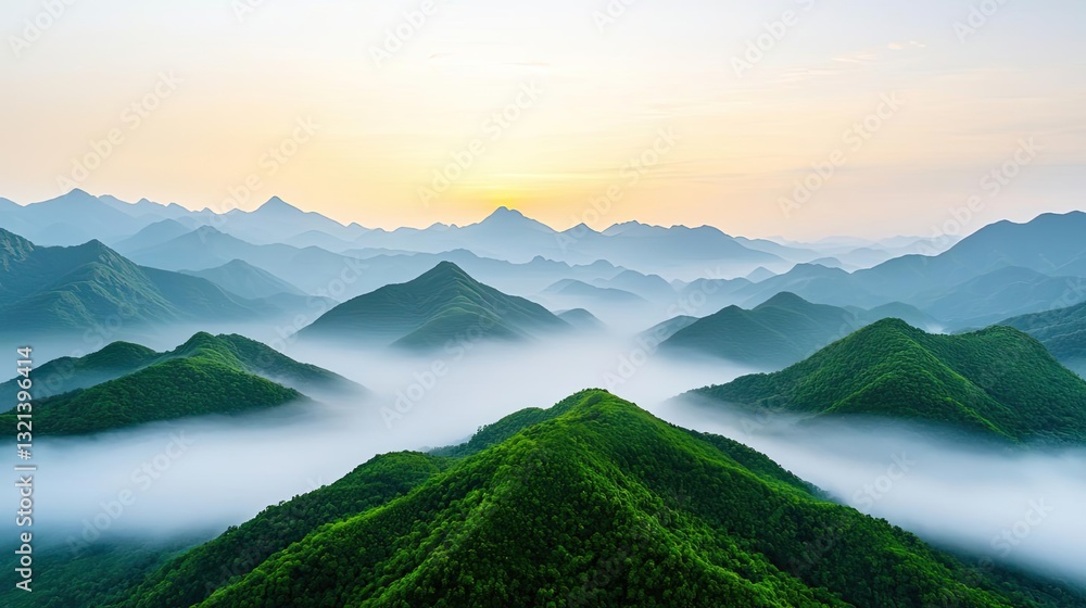Poster aerial landscape abstract background idea. serene mountain landscape with mist and soft sunlight cre