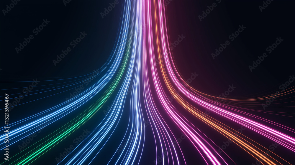 Poster abstract image of colorful neon light streaks curving downwards, creating a dynamic and energetic vi