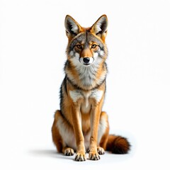 Fototapeta premium Front view of coyote sitting on white background. Furry wild animal with fluffy tail stares at camera in studio. Canine predator portrait. Isolated cut-out design. Concept for wildlife, nature,