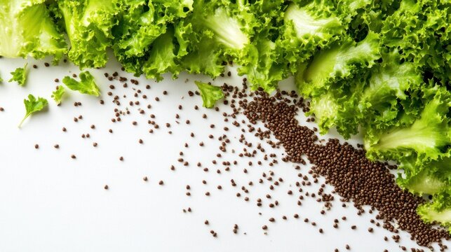 Fresh green lettuce leaves with brown seeds