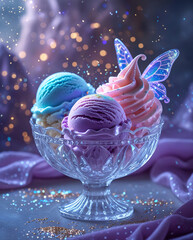 Whimsical fantasy ice cream with glowing iridescent scoops in magical colors—galaxy blue, enchanted purple, and fairy pink—served in a crystal bowl with edible glitter sparkles and dreamy ethereal lig