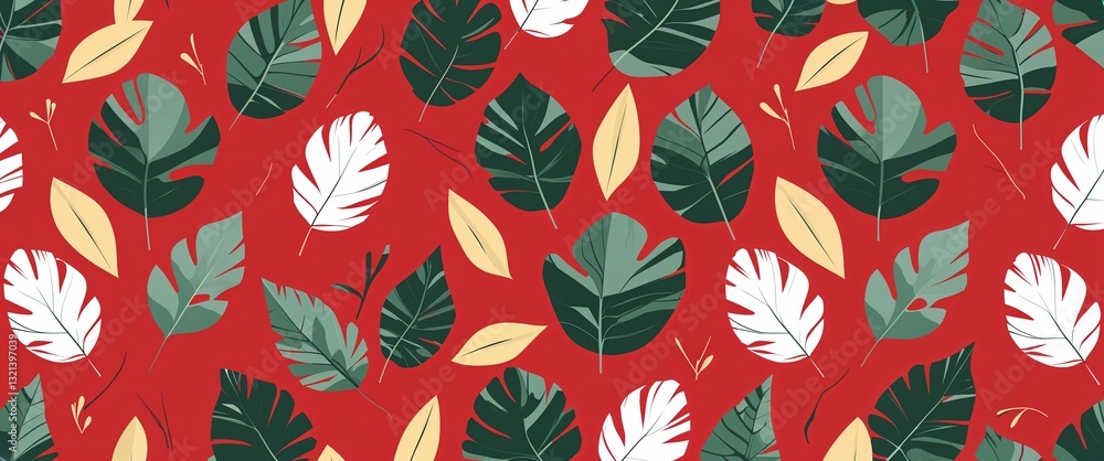 Poster acacia leaf pattern on red plain background digital abstract art work illustration design