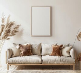 Minimalist living room interior with a beige sofa. pampas grass and a blank poster frame