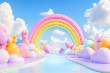 Pastel rainbow archway, unicorns, balloons, clouds, and path.