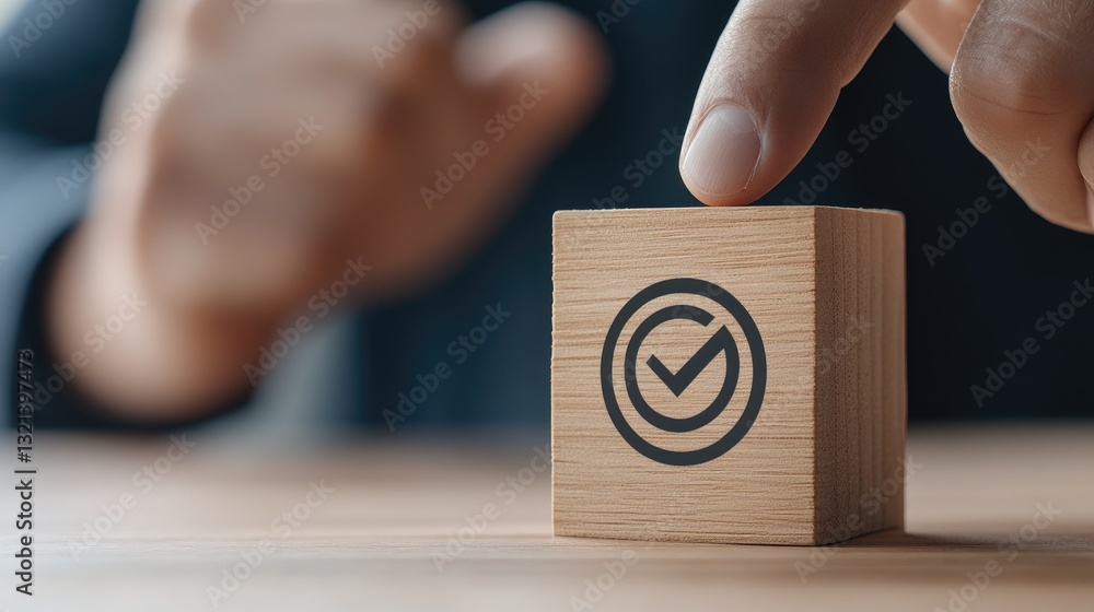 Poster businessman points at a checklist block highlighting quality assurance and customer service objectiv