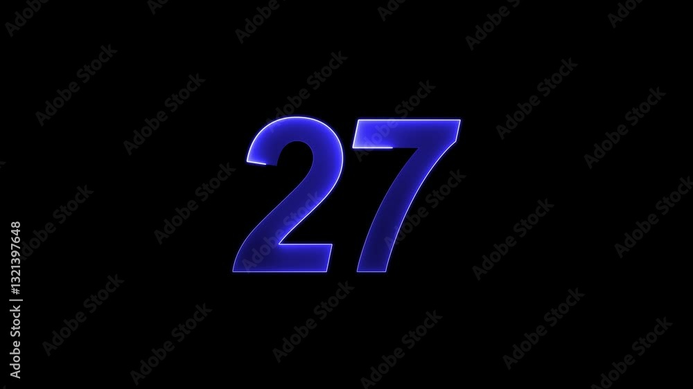 Poster abstract glowing neon text 27 number countdown icon. educational mathematics 27 animation on black b
