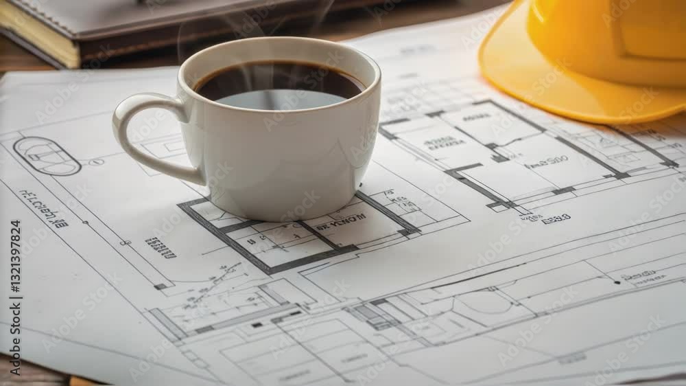 Poster white mug of steaming coffee sits on architectural blueprints alongside a yellow hard hat, notebook,