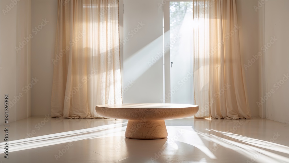 Aufkleber sunlight streams through curtains onto a minimalist wooden table creating a serene atmosphere in a b