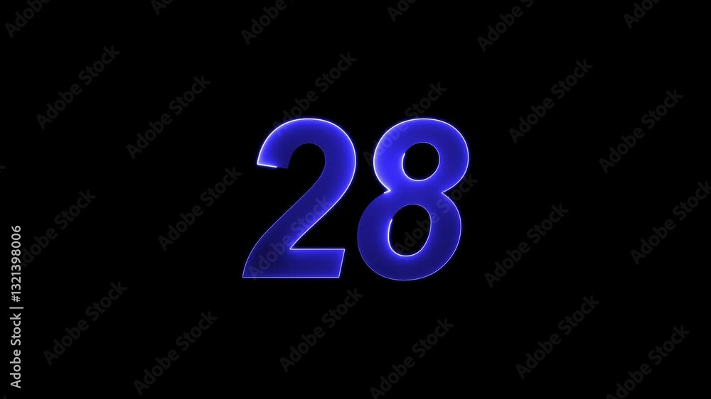 Poster abstract glowing neon text 28 number countdown icon. educational mathematics 28 animation on black b