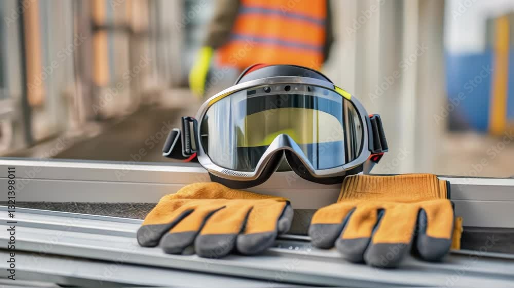 Poster protective goggles and gloves sit on a window sill, embodying workplace safety, with a construction 