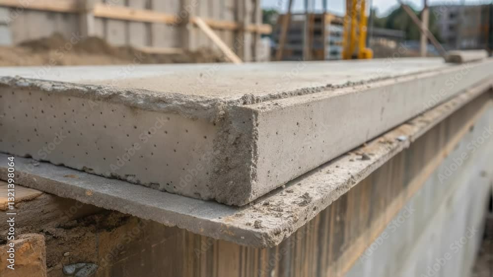 Poster Close up view of precast hollow core concrete slabs being positioned during the construction of a building, showcasing the precise placement and alignment of these structural elements
