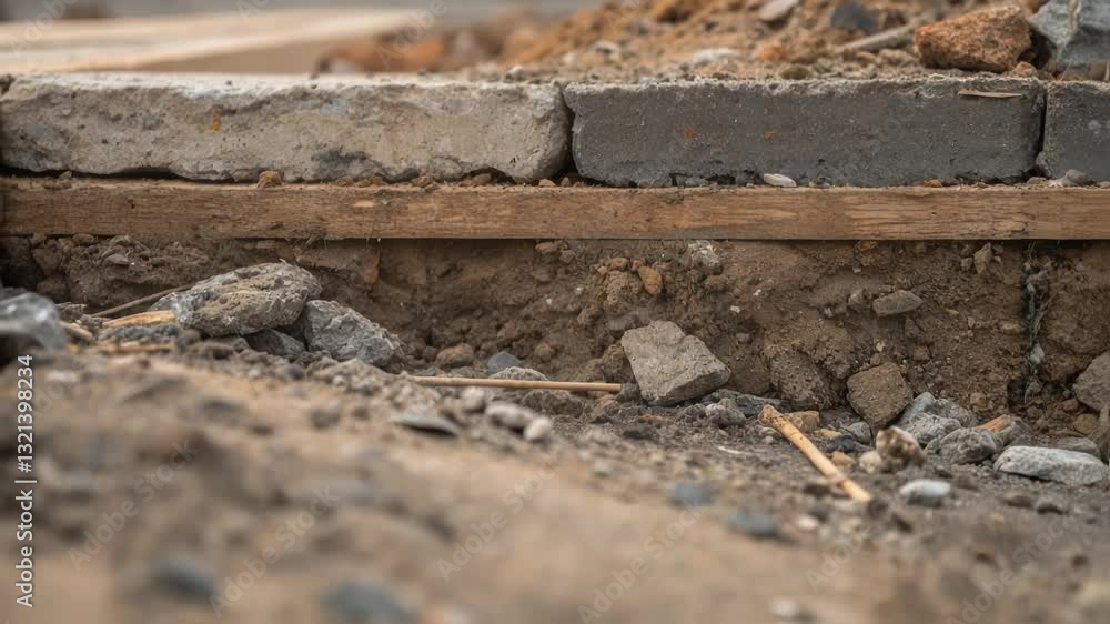 Poster concrete blocks being carefully positioned by construction workers on wooden support beams, establis