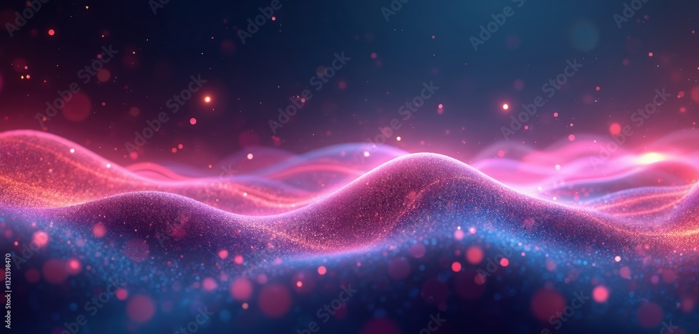Poster Abstract neon background with wavy glowing lines. Pink, blue and orange colors with bokeh light effects. Futuristic tech wallpaper, digital data transfer concept. AI generative art.