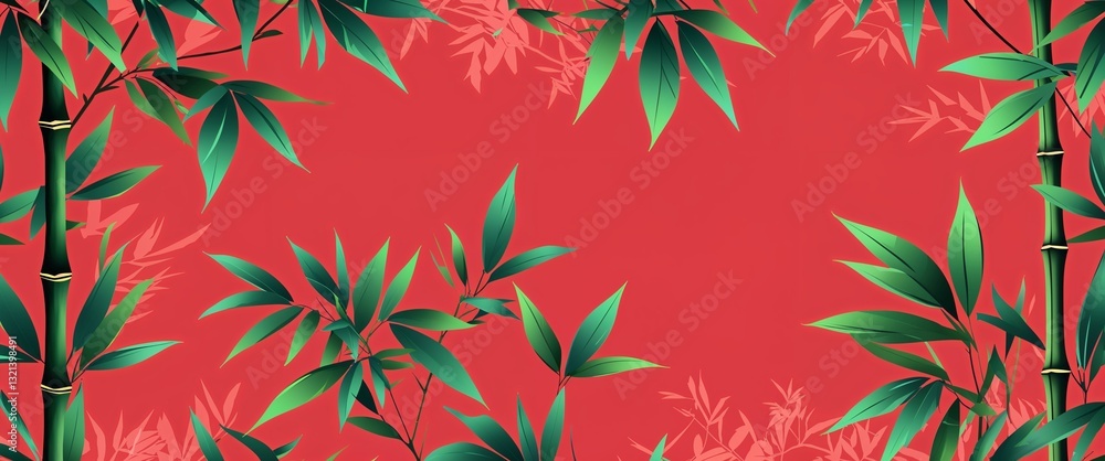 Poster bamboo leaf pattern on red plain background digital abstract art work illustration design