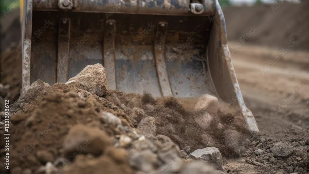 Aufkleber Heavy machinery bucket lifting and dropping soil and rocks during earthmoving operations on a construction site, demonstrating the process of excavation and land preparation