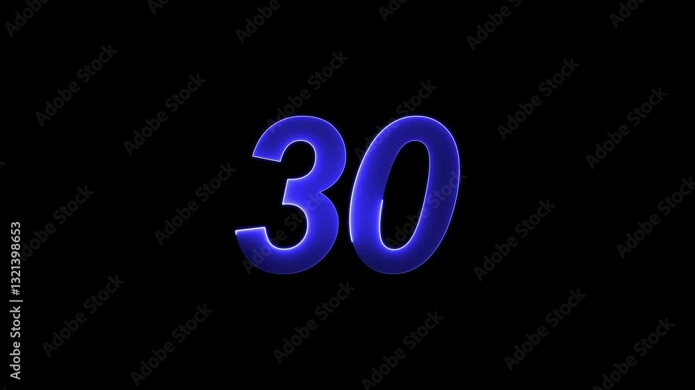 Poster neon text 30 number icon background. neon glowing countdown number 30, number 30 animation .glowing 