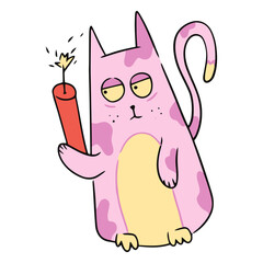 Feline Mischief: A cartoon-style cat, holding a lit firecracker, embodying a playful sense of mischief.