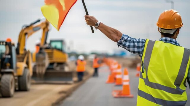 Construction worker standing in safety vest and hardhat, actively waving bright orange flag for traffic control near heavy construction machinery at roadwork project site