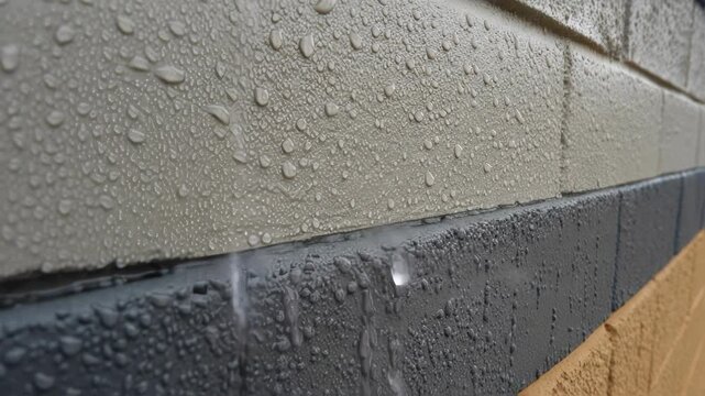 Water repellent coating beading and rolling off newly painted three colored brick wall, demonstrating hydrophobic protection and weatherproofing properties