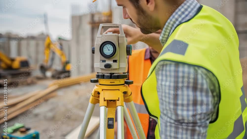 Aufkleber Professional construction engineers collaborating while using theodolite, measuring and surveying building site for precise