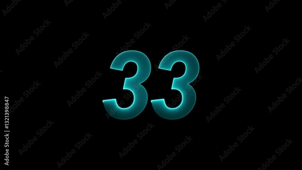 Poster neon text 33 number icon background. neon glowing countdown number 33, number 33 animation .glowing 