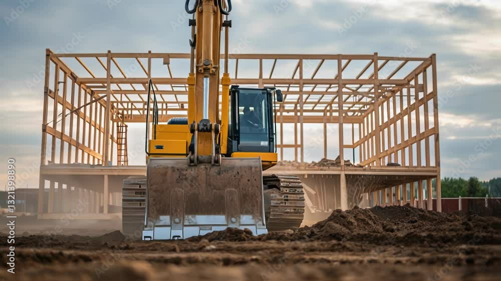 Poster heavy construction excavator digging and moving soil near wooden frame structure, preparing ground f