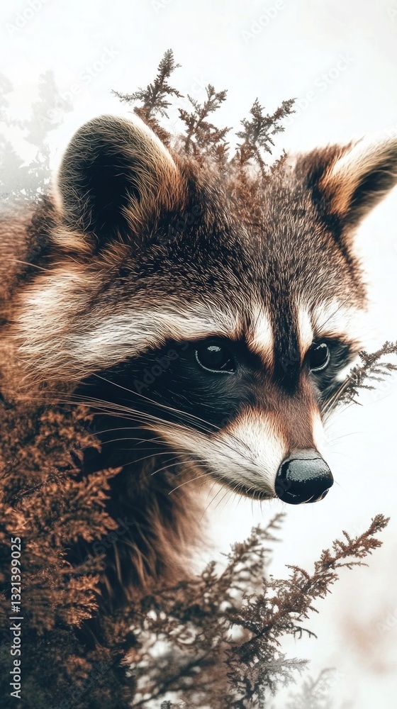 Poster a close-up view of a raccoon sitting in a tree, looking alert