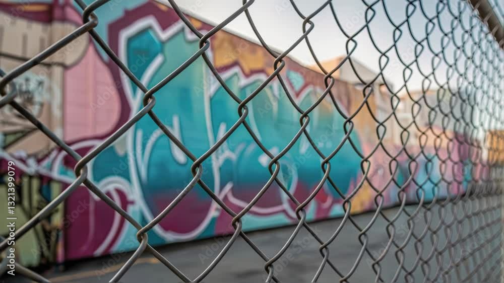 Poster urban art displays vibrant colors and intricate designs on a wall, viewed through a chain link fence