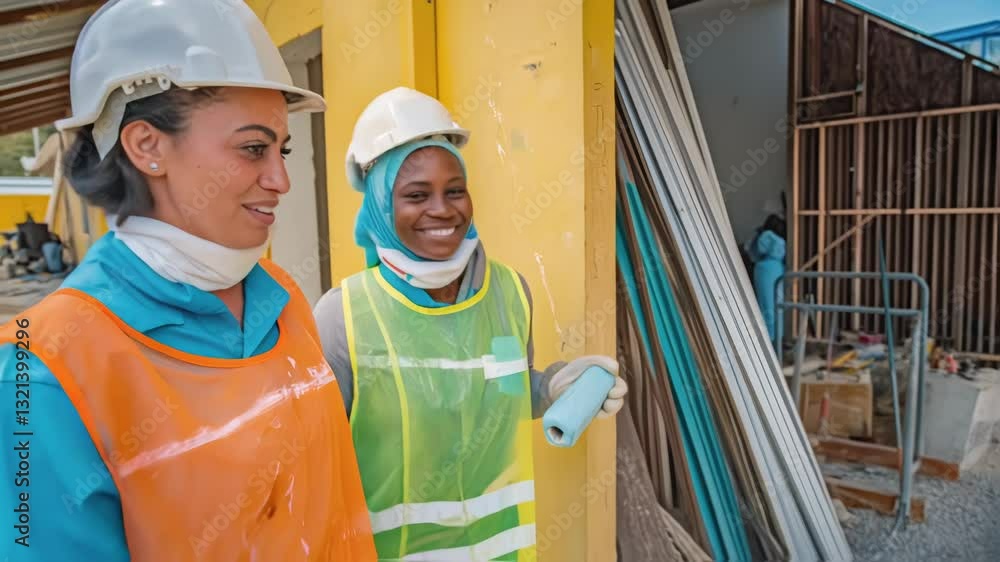Poster two women wearing hard hats and high visibility vests are discussing a project on a construction sit