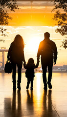 Silhouetted family walks hand-in-hand towards sunset at airport
