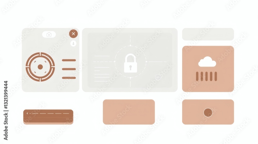 Poster user interface design with modern and clean design. Digital display screen with security features, weather updates and other functional elements. 