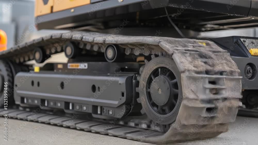Poster continuous metal tracks of industrial construction vehicle slowly rotating, moving across rough grou