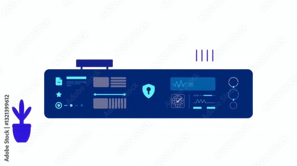 Poster a simplified illustration of a server room with server and plants. showing modern technology and dat