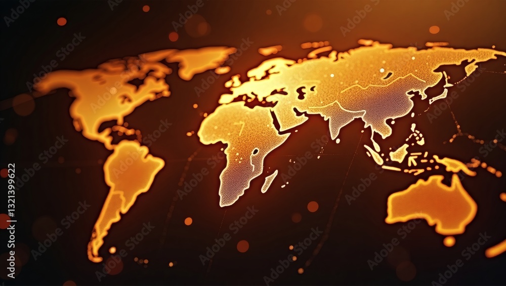 Poster glowing world map with continents highlighted in bright orange, perfect for illustrating global conn