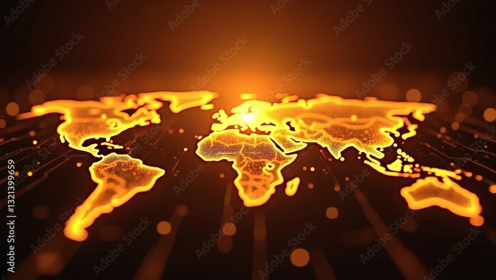 Poster glowing world map shows a digital representation of earth. the map is lit up with vibrant, warm hues